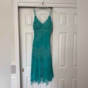 Sue Wong Turquoise Silk Dress with Floral Detail